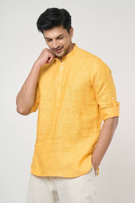 Shop Arihant Rai Sinha Yellow Linen Plain Short Kurta Online at Aza Fashions Shop_Arihant Rai Sinha_Yellow Linen Plain Short Kurta _Online_at_Aza_Fashions
