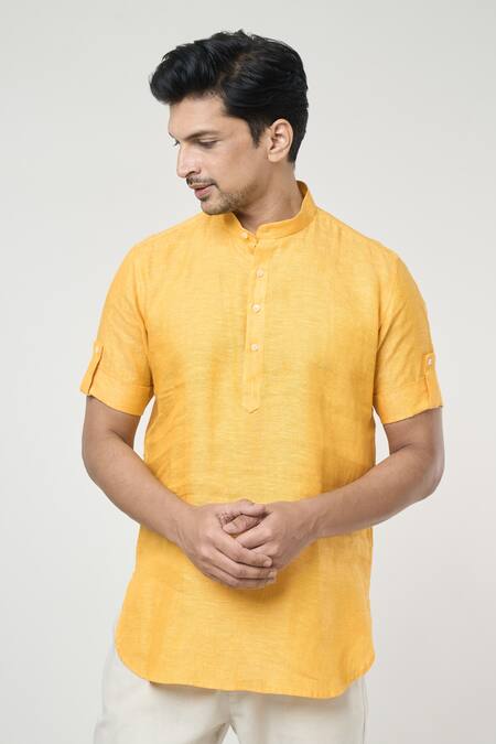 Arihant Rai Sinha_Yellow Linen Mandarin Collar Half Placket Kurta _Online_at_Aza_Fashions