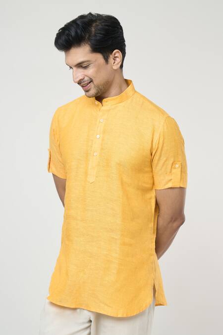 Buy_Arihant Rai Sinha_Yellow Linen Mandarin Collar Half Placket Kurta _Online_at_Aza_Fashions
