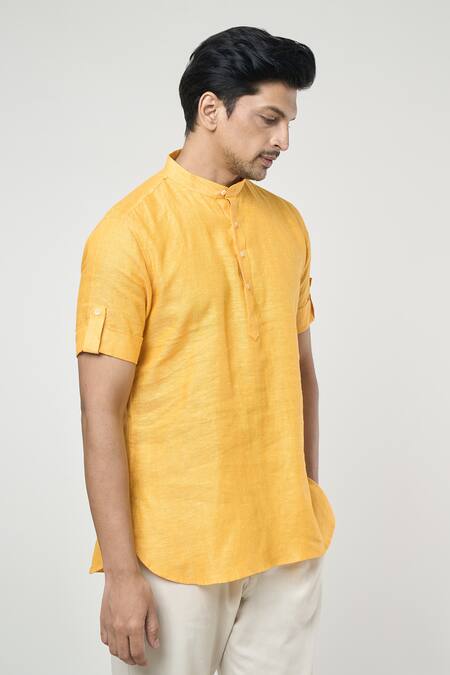 Shop_Arihant Rai Sinha_Yellow Linen Mandarin Collar Half Placket Kurta _Online_at_Aza_Fashions