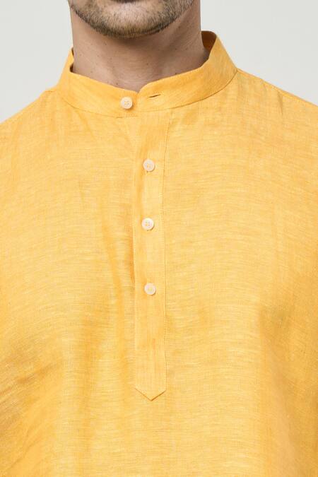 Arihant Rai Sinha_Yellow Linen Mandarin Collar Half Placket Kurta _at_Aza_Fashions