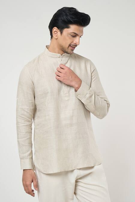 Arihant Rai Sinha_Grey Linen Solid Half Placket Kurta _Online_at_Aza_Fashions