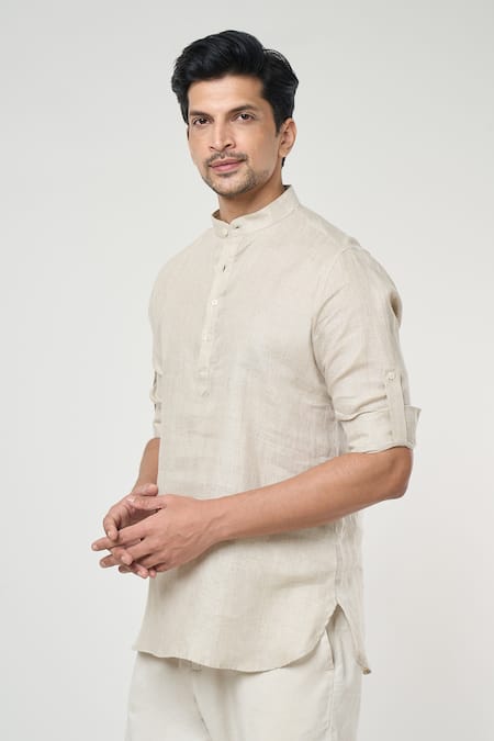 Buy_Arihant Rai Sinha_Grey Linen Solid Half Placket Kurta _Online_at_Aza_Fashions