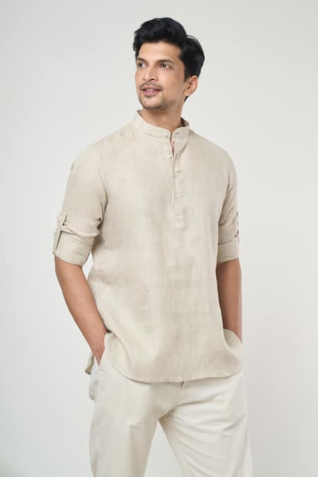 Shop_Arihant Rai Sinha_Grey Linen Solid Half Placket Kurta _Online_at_Aza_Fashions