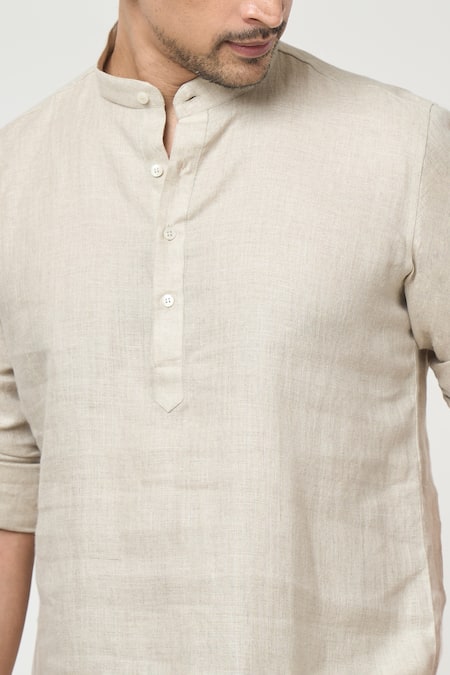 Arihant Rai Sinha_Grey Linen Solid Half Placket Kurta _at_Aza_Fashions