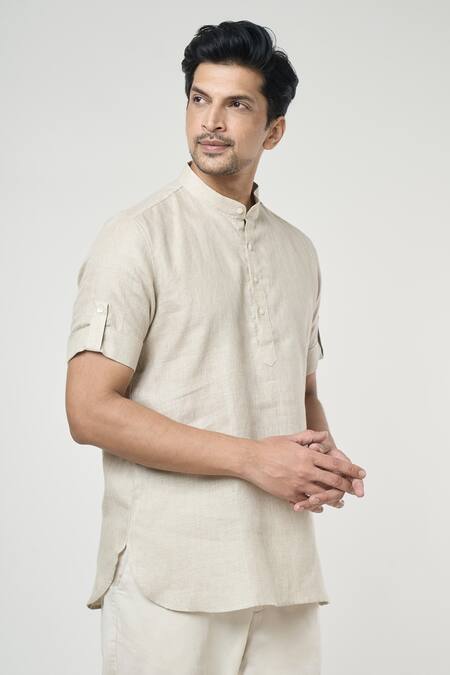 Arihant Rai Sinha Grey Linen Solid Half Placket Kurta Online at Aza Fashions Arihant Rai Sinha_Grey Linen Solid Half Placket Kurta _Online_at_Aza_Fashions