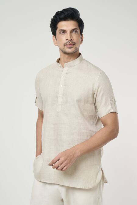 Buy Arihant Rai Sinha Grey Linen Solid Half Placket Kurta Online at Aza Fashions Buy_Arihant Rai Sinha_Grey Linen Solid Half Placket Kurta _Online_at_Aza_Fashions