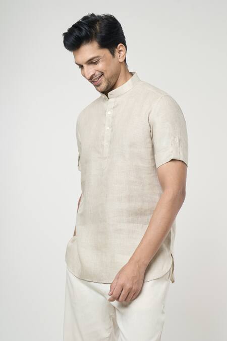 Shop Arihant Rai Sinha Grey Linen Solid Half Placket Kurta Online at Aza Fashions Shop_Arihant Rai Sinha_Grey Linen Solid Half Placket Kurta _Online_at_Aza_Fashions