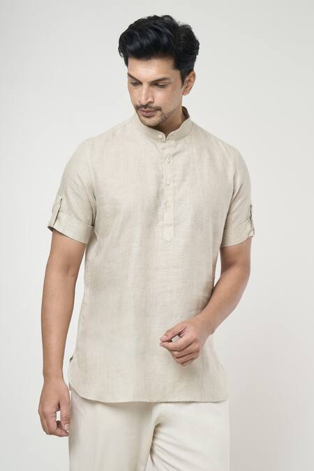 Arihant Rai Sinha Grey Linen Solid Half Placket Kurta at Aza Fashions Arihant Rai Sinha_Grey Linen Solid Half Placket Kurta _at_Aza_Fashions