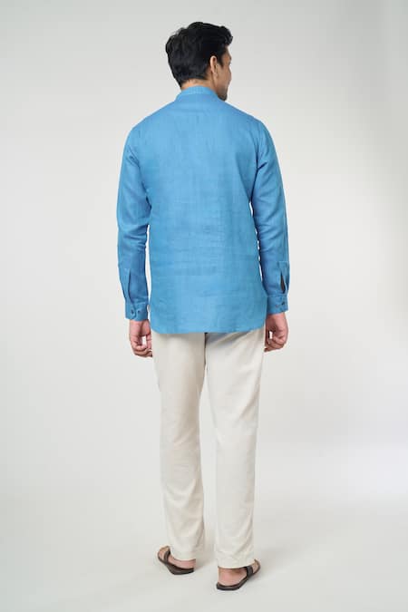 Shop Arihant Rai Sinha Blue Linen Full Sleeves Half Placket Kurta at Aza Fashions Shop_Arihant Rai Sinha_Blue Linen Full Sleeves Half Placket Kurta _at_Aza_Fashions