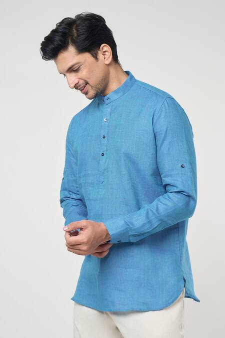 Arihant Rai Sinha Blue Linen Full Sleeves Half Placket Kurta Online at Aza Fashions Arihant Rai Sinha_Blue Linen Full Sleeves Half Placket Kurta _Online_at_Aza_Fashions