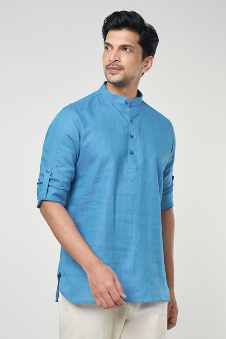 Buy Arihant Rai Sinha Blue Linen Full Sleeves Half Placket Kurta Online at Aza Fashions Buy_Arihant Rai Sinha_Blue Linen Full Sleeves Half Placket Kurta _Online_at_Aza_Fashions