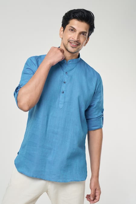 Shop Arihant Rai Sinha Blue Linen Full Sleeves Half Placket Kurta Online at Aza Fashions Shop_Arihant Rai Sinha_Blue Linen Full Sleeves Half Placket Kurta _Online_at_Aza_Fashions