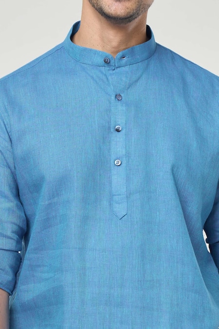 Arihant Rai Sinha Blue Linen Full Sleeves Half Placket Kurta at Aza Fashions Arihant Rai Sinha_Blue Linen Full Sleeves Half Placket Kurta _at_Aza_Fashions