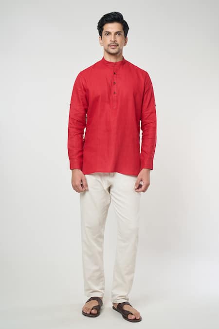 Arihant Rai Sinha Red Linen Solid Full Sleeves Shirt Style Short Kurta 