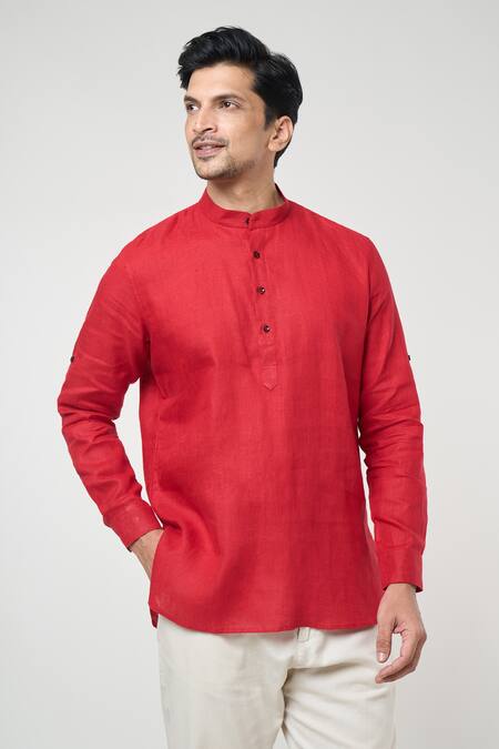 Arihant Rai Sinha_Red Linen Full Sleeves Shirt Style Short Kurta _Online_at_Aza_Fashions