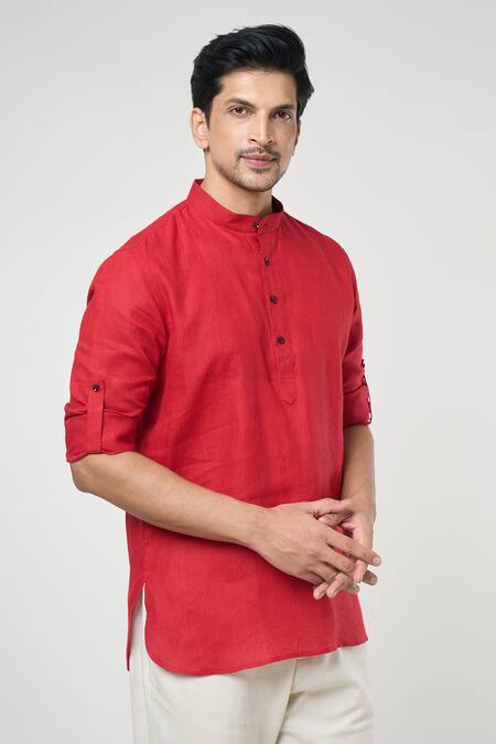 Buy_Arihant Rai Sinha_Red Linen Full Sleeves Shirt Style Short Kurta _Online_at_Aza_Fashions