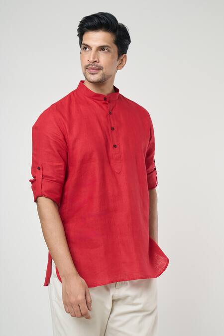 Shop_Arihant Rai Sinha_Red Linen Full Sleeves Shirt Style Short Kurta _Online_at_Aza_Fashions