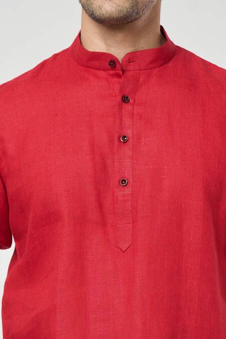 Arihant Rai Sinha_Red Linen Full Sleeves Shirt Style Short Kurta _at_Aza_Fashions