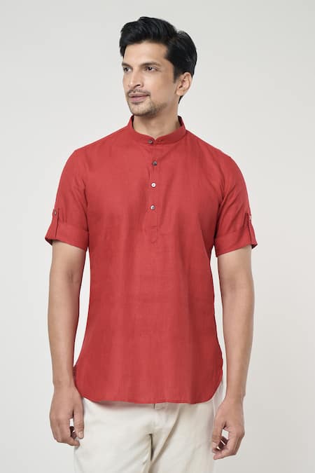 Arihant Rai Sinha_Red Linen Half Sleeves Shirt Style Short Kurta _Online_at_Aza_Fashions