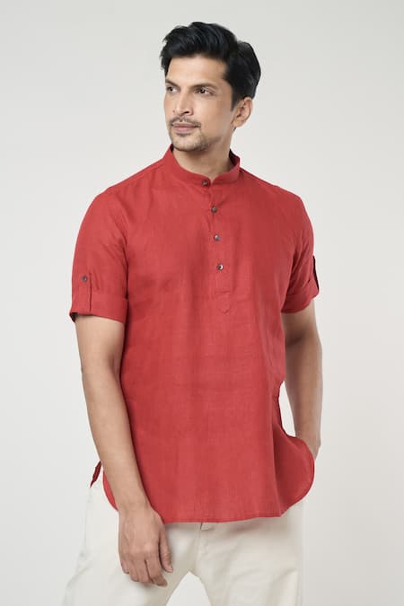 Buy_Arihant Rai Sinha_Red Linen Half Sleeves Shirt Style Short Kurta _Online_at_Aza_Fashions