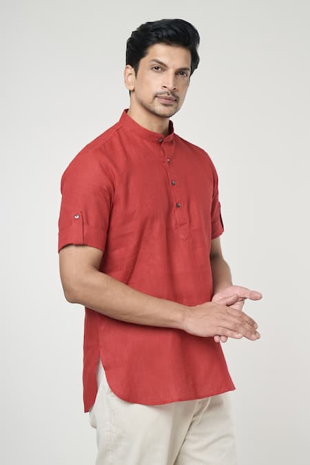 Shop_Arihant Rai Sinha_Red Linen Half Sleeves Shirt Style Short Kurta _Online_at_Aza_Fashions