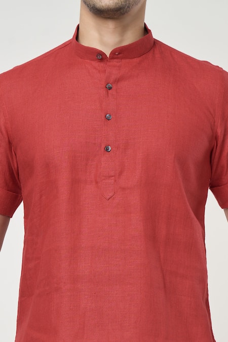 Arihant Rai Sinha_Red Linen Half Sleeves Shirt Style Short Kurta _at_Aza_Fashions