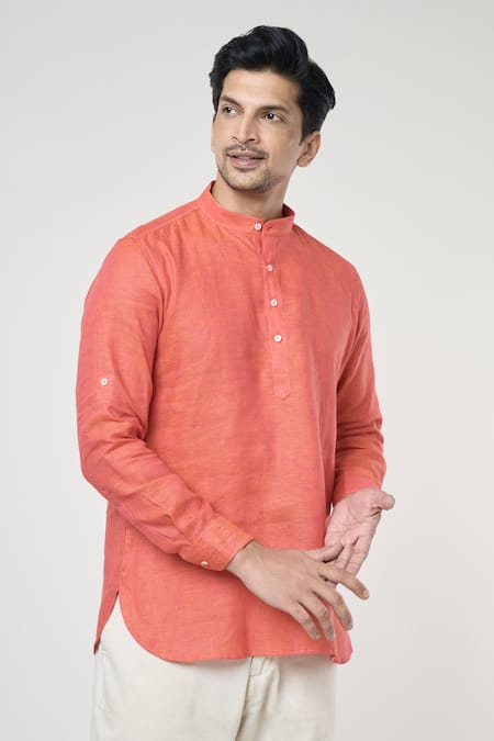 Arihant Rai Sinha Orange Linen Full Sleeves Shirt Style Kurta Online at Aza Fashions Arihant Rai Sinha_Orange Linen Full Sleeves Shirt Style Kurta _Online_at_Aza_Fashions