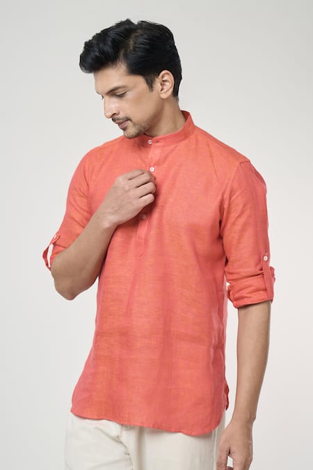 Buy Arihant Rai Sinha Orange Linen Full Sleeves Shirt Style Kurta Online at Aza Fashions Buy_Arihant Rai Sinha_Orange Linen Full Sleeves Shirt Style Kurta _Online_at_Aza_Fashions