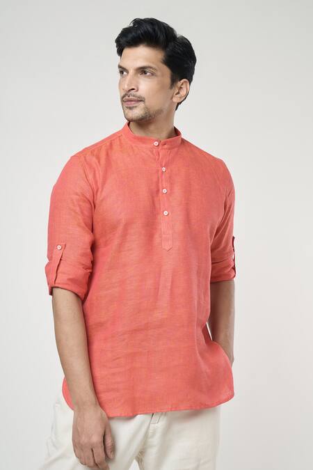 Shop Arihant Rai Sinha Orange Linen Full Sleeves Shirt Style Kurta Online at Aza Fashions Shop_Arihant Rai Sinha_Orange Linen Full Sleeves Shirt Style Kurta _Online_at_Aza_Fashions
