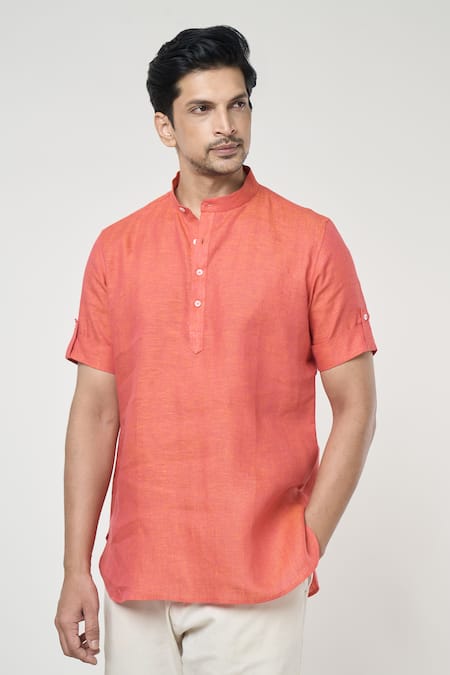 Arihant Rai Sinha Orange Linen Half Sleeves Shirt Style Kurta Online at Aza Fashions Arihant Rai Sinha_Orange Linen Half Sleeves Shirt Style Kurta _Online_at_Aza_Fashions