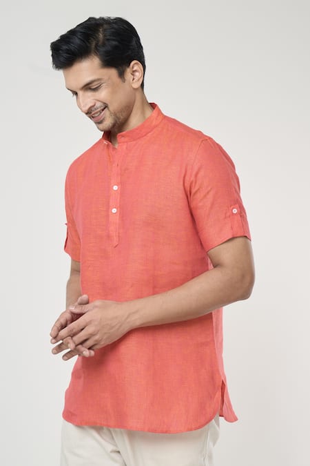 Buy Arihant Rai Sinha Orange Linen Half Sleeves Shirt Style Kurta Online at Aza Fashions Buy_Arihant Rai Sinha_Orange Linen Half Sleeves Shirt Style Kurta _Online_at_Aza_Fashions