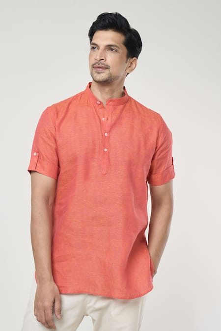 Shop Arihant Rai Sinha Orange Linen Half Sleeves Shirt Style Kurta Online at Aza Fashions Shop_Arihant Rai Sinha_Orange Linen Half Sleeves Shirt Style Kurta _Online_at_Aza_Fashions