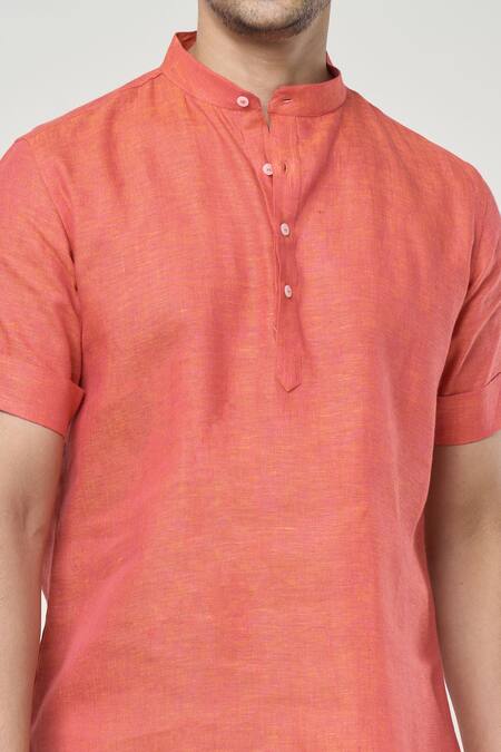 Arihant Rai Sinha Orange Linen Half Sleeves Shirt Style Kurta at Aza Fashions Arihant Rai Sinha_Orange Linen Half Sleeves Shirt Style Kurta _at_Aza_Fashions