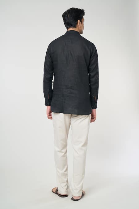 Shop Arihant Rai Sinha Black Linen Full Sleeves Shirt Style Kurta at Aza Fashions Shop_Arihant Rai Sinha_Black Linen Full Sleeves Shirt Style Kurta _at_Aza_Fashions