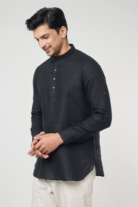 Arihant Rai Sinha Black Linen Full Sleeves Shirt Style Kurta Online at Aza Fashions Arihant Rai Sinha_Black Linen Full Sleeves Shirt Style Kurta _Online_at_Aza_Fashions