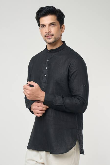 Buy Arihant Rai Sinha Black Linen Full Sleeves Shirt Style Kurta Online at Aza Fashions Buy_Arihant Rai Sinha_Black Linen Full Sleeves Shirt Style Kurta _Online_at_Aza_Fashions
