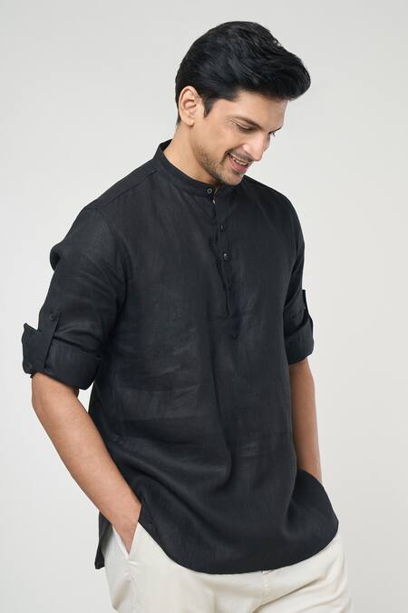 Shop Arihant Rai Sinha Black Linen Full Sleeves Shirt Style Kurta Online at Aza Fashions Shop_Arihant Rai Sinha_Black Linen Full Sleeves Shirt Style Kurta _Online_at_Aza_Fashions