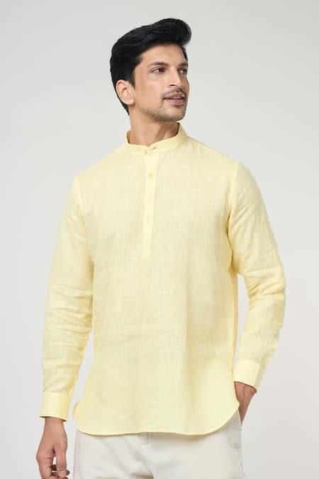 Arihant Rai Sinha Yellow Linen Shirt Style Half Placket Kurta Online at Aza Fashions Arihant Rai Sinha_Yellow Linen Shirt Style Half Placket Kurta _Online_at_Aza_Fashions