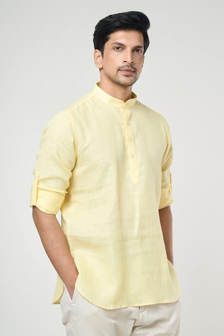 Buy Arihant Rai Sinha Yellow Linen Shirt Style Half Placket Kurta Online at Aza Fashions Buy_Arihant Rai Sinha_Yellow Linen Shirt Style Half Placket Kurta _Online_at_Aza_Fashions