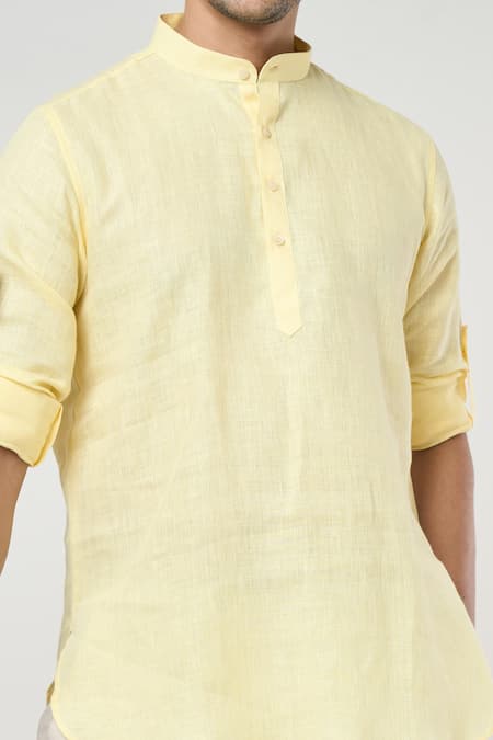 Arihant Rai Sinha Yellow Linen Shirt Style Half Placket Kurta at Aza Fashions Arihant Rai Sinha_Yellow Linen Shirt Style Half Placket Kurta _at_Aza_Fashions
