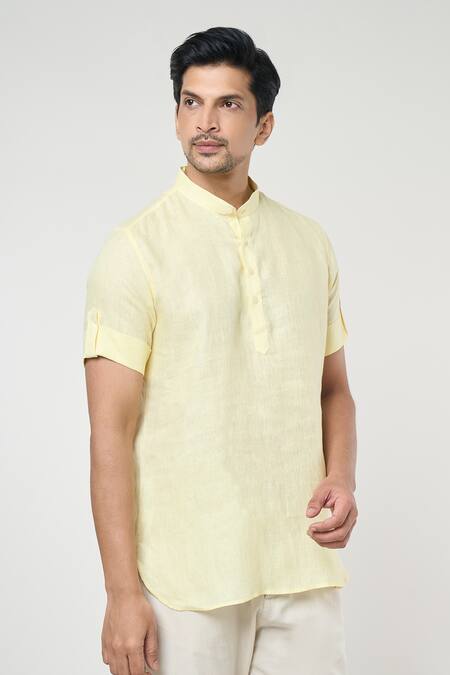 Arihant Rai Sinha_Yellow Linen Shirt Style Half Placket Kurta _Online_at_Aza_Fashions