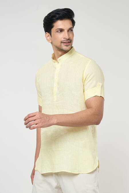 Buy_Arihant Rai Sinha_Yellow Linen Shirt Style Half Placket Kurta _Online_at_Aza_Fashions