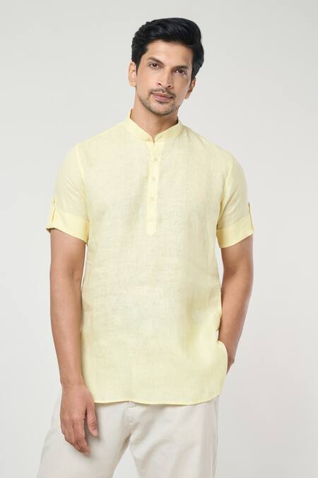 Shop_Arihant Rai Sinha_Yellow Linen Shirt Style Half Placket Kurta _Online_at_Aza_Fashions