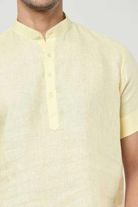 Arihant Rai Sinha_Yellow Linen Shirt Style Half Placket Kurta _at_Aza_Fashions