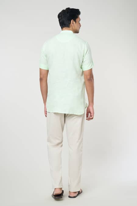 Shop_Arihant Rai Sinha_Green Linen Shirt Style Half Placket Short Kurta _at_Aza_Fashions