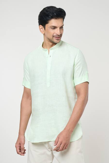 Arihant Rai Sinha_Green Linen Shirt Style Half Placket Short Kurta _Online_at_Aza_Fashions