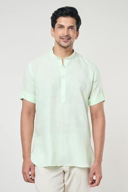 Buy_Arihant Rai Sinha_Green Linen Shirt Style Half Placket Short Kurta _Online_at_Aza_Fashions