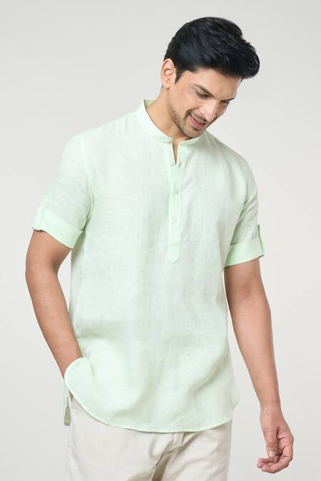 Shop_Arihant Rai Sinha_Green Linen Shirt Style Half Placket Short Kurta _Online_at_Aza_Fashions