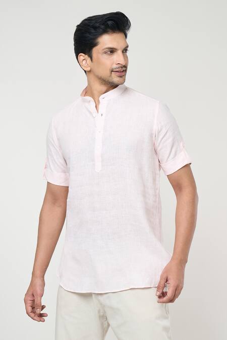 Arihant Rai Sinha_Pink Linen Shirt Style Half Sleeves Short Kurta _Online_at_Aza_Fashions